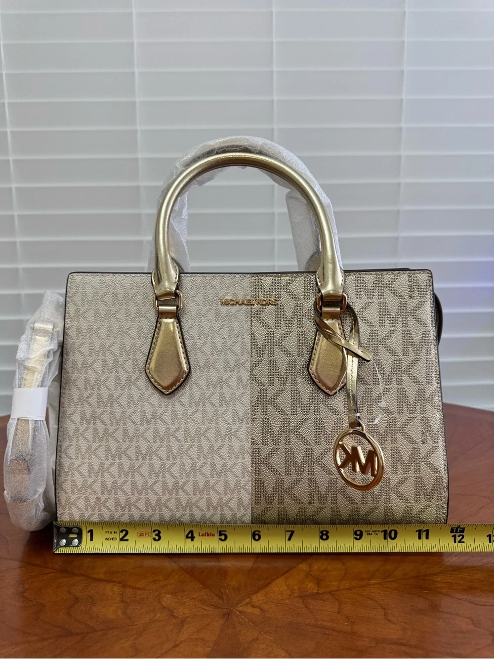 Michael Kors Two-Tone Beige Logo Satchel with Gold Hardware
